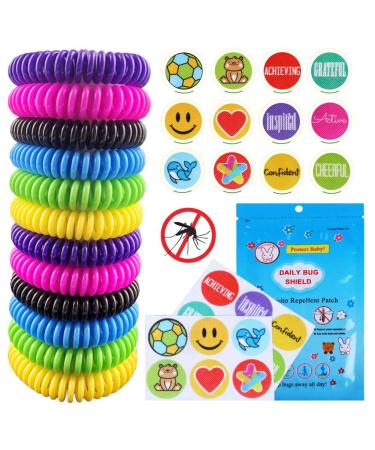 Mosquito Repellent Bracelet 12 Pack Natural Mosquito Repellent Band with 24 Pcs Stickers Safe for Kids and Adults Waterproof Insect Repellent Wristband for Indoor and Outdoor Protection UP to 300Hrs