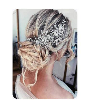 Catery Flower Bride Wedding Headband Silver Crystal Pearl Hair Vine Braid Headpiece Bridal Hair Accessories for Women (Silver)