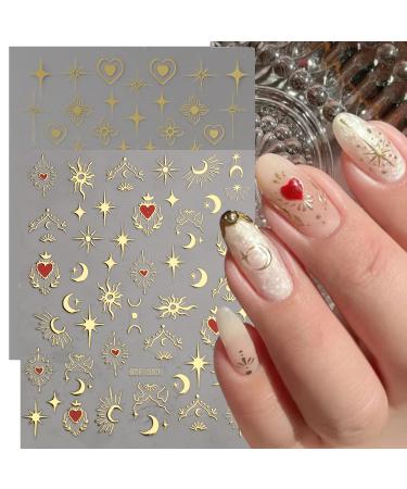 8 Sheets Gold Nail Art Stickers Decals Nail Supplies 3D Self-Adhesive Nail Decals Metallic Stars Moon Butterfly Heart Gold Design Stickers for Women Manicure Tips Acrylic Nails DIY Nails Art Supplies Gold Moon