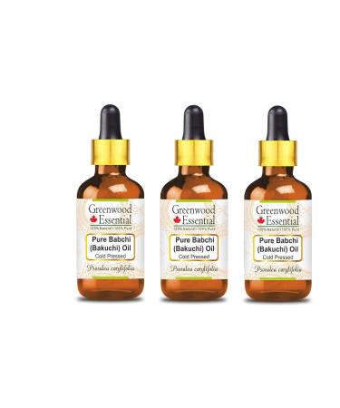 Greenwood essential natural Babchi (bakuchi) oil (psoralea coryylifolia) with glass droppers Natural pure therapeutic quality cold -pressed (pack of three) 100ml x 3 (10 oz) 100 ml (1 Pack)