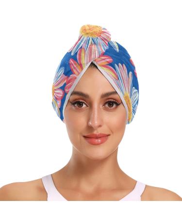 Colored Daisy Flower Hair Towel 2 Pack Super Absorbent Hair Drying Towel Quick Dry Hair Turbans Head Towel with Button Twisty Wrap for Women Girls