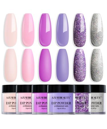 Dip Powder Set, AZUREBEAUTY Nail Dipping Powder 6 Color Pink Violet Purple Glitter Nail Powder Color for French Manicure Quick-Drying No Nail Lamp Needed