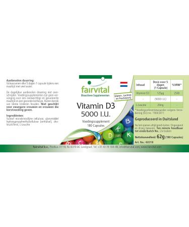 Fairvital | Vitamin D3 Highly dosed - 5000 IU - Cholecalciferol - Vitamin D3 in capsules - 180 Pcs - Buy Online on GoSupps.com
