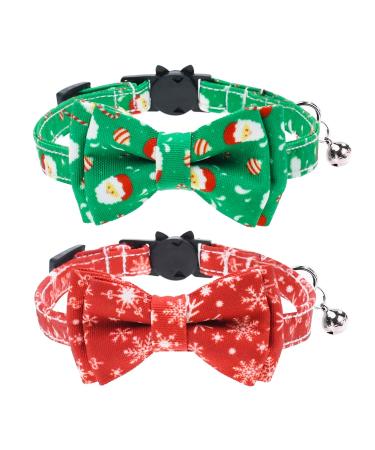 Malier Cat Collar with Christmas Snowflake Pattern Bow tie and Tiny Bell, Adorable Collar with Light Adjustable Buckle Pet Accessories for Kitten Kitty Cats Puppy Snowflake + Santa Claus
