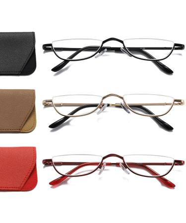 Hubeye 3 Pairs Half Moon Reading Glasses Metal Slim Semi Rimless Eyewear Spring Hinge Ultra Thin Readers for Men Women with glasses holster 3.00 Gold/Red/Black 3.0 Dioptres - Buy Online on GoSupps.com
