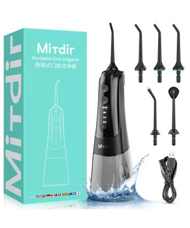 MiTdir Water Dental Flosser Oral Irrigator 5 Jet Tips 4 Modes IPX7 Waterproof 300ML Detachable Large Water Tank Portable Cordless Rechargeable Teeth Cleaner for Home&Travel (Black)