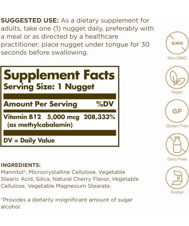 Solgar Methylcobalamin (Vitamin B12) 5000 mcg - 180 Servings - Pack of 3 - Energy Metabolism Support - Non-GMO Vegan Gluten-Free - Buy Online on GoSupps.com