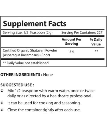 Nova Nutritions Certified Organic Shatavari Powder 16 OZ (454 gm) - Pure and Natural Supplement - Buy Online on GoSupps.com