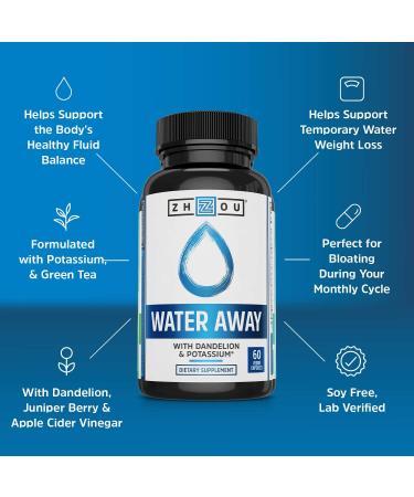 Zhou Nutrition Water Away Supplement with Dandelion & Potassium - 60 Capsules - Buy Online on GoSupps.com