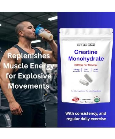 BUY THE CRAVE Micronized Creatine Monohydrate 1000 Capsules 250 Servings 750mg of Creatine Monohydrate Per Capsule 3000mg Per Serving - Buy Online on GoSupps.com