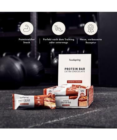 Foodspring Extra Chocolate Protein Bars - 13g Protein No Added Sugar Crunchy Peanut - Perfect Snack After Training - 12 x 45g (1 Pack) - Buy Online on GoSupps.com