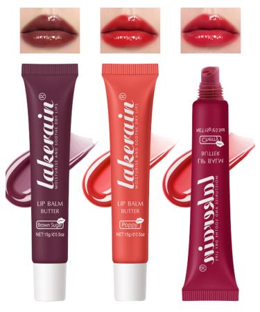 Tinted Lip Butter Balm-3 Colors Vanilla Beige Brown Sugar Tint Lip Gloss Cherry Red Jelly Lip Balm for Dry Lips Long Lasting Hydrating Non-Sticky Glow Reviver Fat Lip Care Oil for Women-Set B Setb-03+04+05