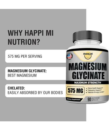 Happi Mi Magnesium Glycinate 575mg Supplement for Muscle & Bone Health - Immune Support, Relaxation & Mood Balance - Chelated for High Absorption - Non-GMO 90 Caps - Buy Online on GoSupps.com