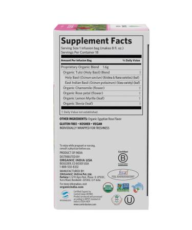 Organic India Tulsi Tea - Sweet Rose, Caffeine-Free, 18 Infusion Bags (1.01 oz) - Buy Online on GoSupps.com