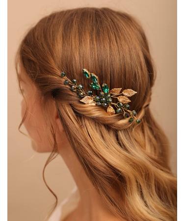Deniferymakeup Women Gold Leaf Headpiece Emerald Green Crystal Hair Vine Comb Wedding Hair Accessory Rhinestone Hair Piece Gift for Her Party Headress Bridesmaid Girls - Buy Online on GoSupps.com