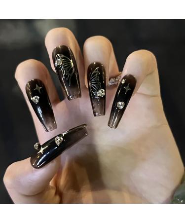 Black Long Press on Nails Coffin Fake Nails with Butterfly Designs False Nails Rhinestones Designs Acrylic Nails Black Full Cover Glossy Artificial Nails Reusable Glue on Nails for Women 24Pcs