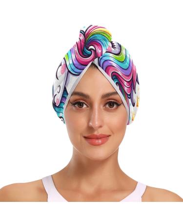 Cute Cartoon Rainbow Unicorn Hair Towel 2 Pack Super Absorbent Hair Drying Towel Quick Dry Hair Turbans Head Towel with Button Twisty Wrap for Women Girls