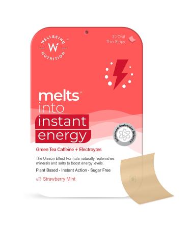 Wellbeing Nutrition Melts Instant Energy 100% Plant Based Green Tea Caffeine Essential Electrolytes and Vitamins for Endurance Sports Hydration Pre Workout Energy Boost - 30 Oral Strips