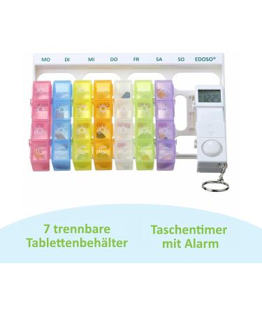 Edoso 7-Day Pill Organizer with Alarm | Weekly Medicine Box & Timer for Memory | German Description | Reinforced Alarm Tone | Colorful Tablet Containers - Buy Online on GoSupps.com