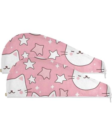 White Cat Head Stars Hair Towel 2 Pack | Super Absorbent Quick Dry Hair Turbans for Women & Girls - Buy Online on GoSupps.com