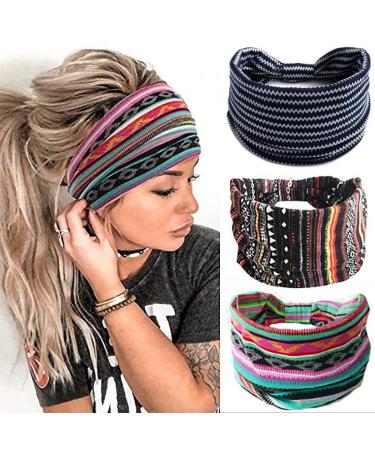 Earent Boho African Headbands Yoga Wide Knot Hair Bands Sweat Printed Headwraps Elastic Turban Headscarfs Multicolor Headwear Outdoor Hair Accessories for Women and Girls (Wide stripes)