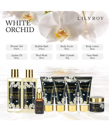 White Orchid Spa Gift Basket for Women - 18Pcs Birthday Gift Set with Diffuser, Shower Steamer, Himalayan Rocks, Jojoba Oil, Scented Candle & Golden Basket - Ideal Gifts for Her - Buy Online on GoSupps.com