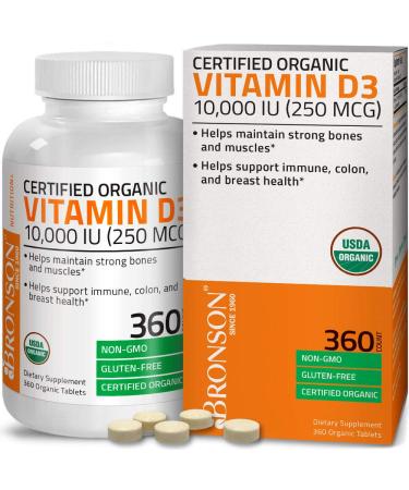 Bronson Vitamin D3 10,000 IU (250 mcg) 1 Year Supply for Immune Support, Healthy Muscle Function & Bone Health, High Potency Organic Non-GMO Vitamin D Supplement, 360 Tablets 360 Count (Pack of 1)