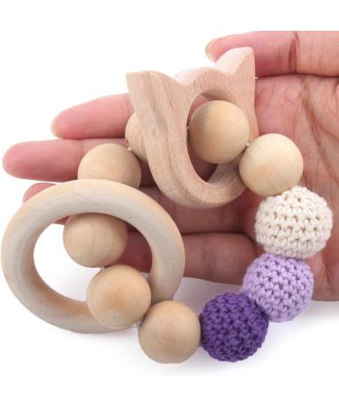 Beech Wooden Teething Toys 4 Pack - Natural Baby Chewable Wood Teethers Set for Soothing Relief - Toddler Gift Jewelry Cloud Cat Star Bird - Buy Online on GoSupps.com
