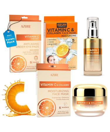 Azure Vitamin C Skincare Bundle: Dermatologist-tested Face Moisturizer Under Eye Pads Collagen Masks & Serum. Hydrates firms and reduces dark spots for glowing youthful skin. Made in Korea Vitamin C Full Regimen