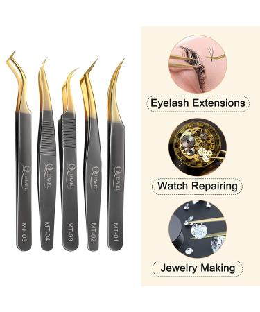 5-Piece Eyelash Extension Tweezers Set for Professional Lashes - Curved Tip Precision Tweezers for Volume Fans, Black Gold - Buy Online on GoSupps.com