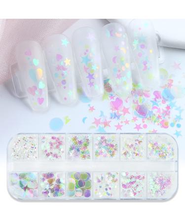 Nail Art Glitter Sequins  3D Clear Iridescent Ultra-Thin Nail Art Glitter Flakes Designs  Mermaid Love Heart Butterfly Star Moon Round Shapes Nail Glitter Slices for Women Manicure Charms Decorations