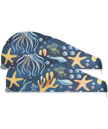 Watercolor Animals Under The Sea Hair Towel 2 Pack | Super Absorbent Quick Dry Hair Turbans for Women & Girls - Buy Online on GoSupps.com