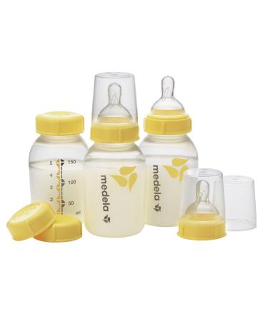 Medela Breast Milk Storage Bottles  3 Pack of 5 Ounce Breastfeeding Bottles with Slow Flow Nipples  Lids  Wide Base Collars  and Travel Caps  Made Without BPA 3 Count (Pack of 1)