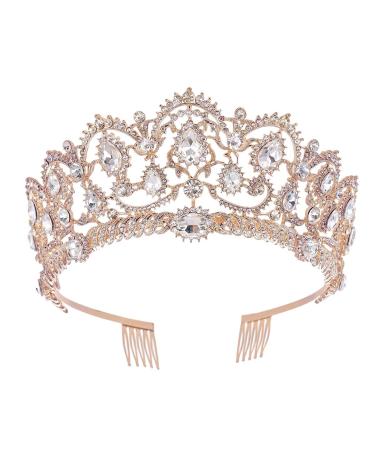 SNOWH Rhinestone Wedding Tiaras and Crowns - Rose Gold Bridal Crown Princess Tiara Jewelry Headpieces with Comb for Women and Girls 1.Rose Gold with Comb
