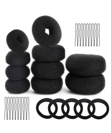 GOLRISEN Donut Hair Bun Maker Set Black Bun Shaper Hair Styling Accessory Dount Ring Style 10pcs Chignon Bun Maker (2L/4M/4S) with Hair Elastic Bands and Hair Bobby Pins for Dance Ballet