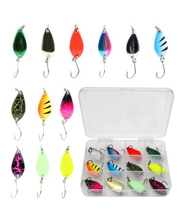 FREGITO Fishing Lures,Fishing Spoons, Colorful Casting Fishing Spinner Hard Baits Tackle Single Hook for Trout Bass Salmon Freshwater Saltwater with Metal Hooks 12pcs Multiple Colors