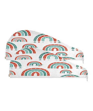 Creative Doodle Rainbow Dry Hair Cap 2 Piece Quick Drying Towel Set with Button Headband Super Absorbent Soft & Comfortable