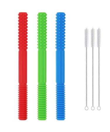Sensory Teething Tubes(3 Pack) Soft Silicone Teether Toy for Babies - Therapeutic Chewy Stick for Kids Boys and Girls with Autism ADHD SPD Biting Chewing Oral Motor Needs(Blue Green Red)