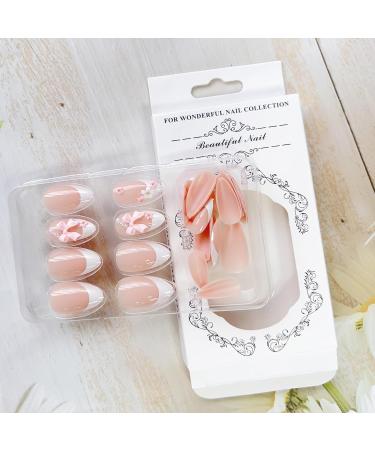 Medium Almond Press on Nails - White French Tips & 3D Flower Bow Charms | Cute Reusable Pink Acrylic Nails | 24pcs - Perfect for Elegant Looks - Buy Online on GoSupps.com