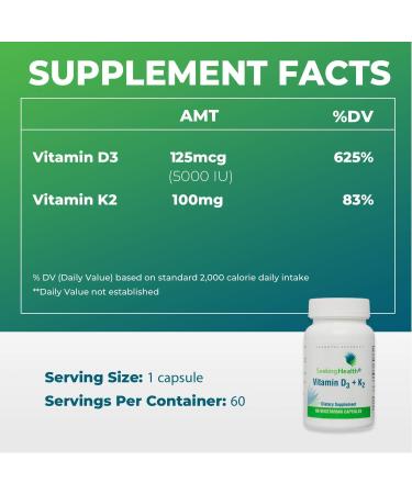Vitamin D3 + K2 | 5000 IU D3 for Calcium Absorption | 100 mcg K2 for Circulatory Health | Bone & Immune Support | 60 Vegetarian Capsules - Buy Online on GoSupps.com