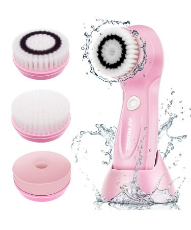 Electric Facial Cleansing Brush  USB Brush Scrubber Rechargeable Exfoliator IPX-7 Waterproof Cleanser for Exfoliating  Massaging and Deep Cleansing for Women  2 Speeds Adjustable  3 Brush Heads  Pink