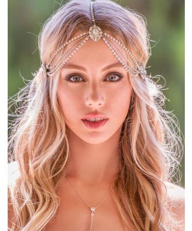 Missgrace Women Dainty Bohemian Rhinestones Gold Silver Head Chain Hair Accessories for Bridal and Girls (Gold)