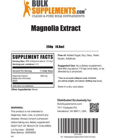 BulkSupplements Magnolia Bark Extract Powder 800mg - 250g (8.8 oz) - Gluten Free Herbal Supplement - Buy Online on GoSupps.com