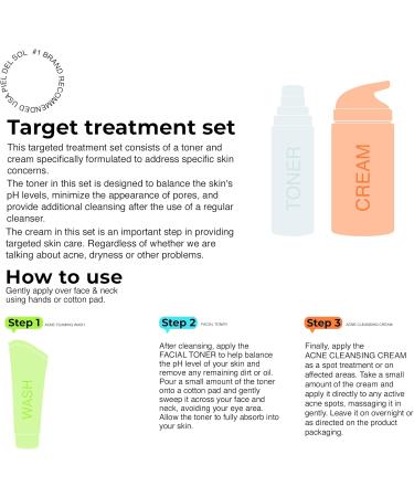 Piel del Sol Target Treatment Set: Toner and Cream. pH Balancing Fragrance-Free Alcohol-Free Intensive Hydration with Natural Antioxidants Benzoyl Peroxide Acne Cream - Buy Online on GoSupps.com