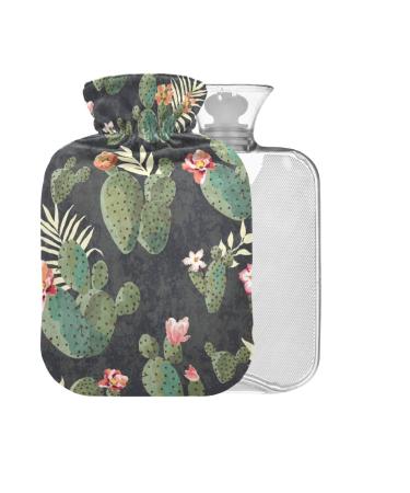 Vintage Style Cactus Design Hot Water Bottle with Cover 2L Large Hot Water Bag for Cramp Pain Relief