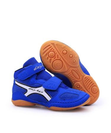 COWOX New Fighting Shoes Indoor Training Competition Boxing Shoes Rubber Magic Buckle Children Wrestling Shoes Blue 12kid