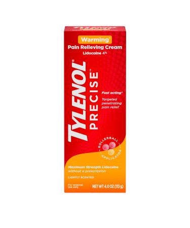 Tylenol Precise Warming Pain Reliever Cream Maximum Strength 4% Lidocaine Warming Pain Cream for Back Knee & Joint Pain Fast-Acting Penetrating Pain Relief Cream Light Scent 4 oz