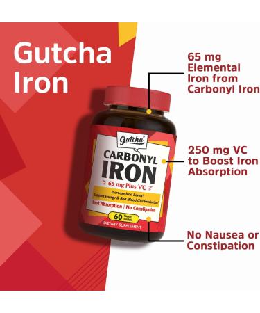 65mg Carbonyl Iron Supplement with Vitamin C for Energy & Blood Support - Vegan 60 Ct - Buy Online on GoSupps.com