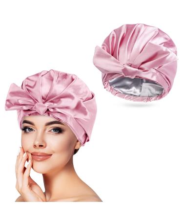 Arqumi Reusable Bath Cap for Women Men Waterproof Double-Layer Shower Cap with Ribbon Bow Large Elastic Hair Bonnet for Long Thick Hair Pink C Shower Cap (1PCS) Pink