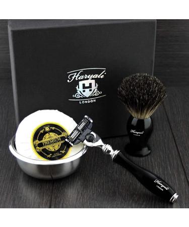Haryali London 4 Pc Black Mens Shaving Kit 3 Edge Razor with Black Badger Hair Shaving Brush Bowl Soap Perfect Set for Men - Buy Online on GoSupps.com